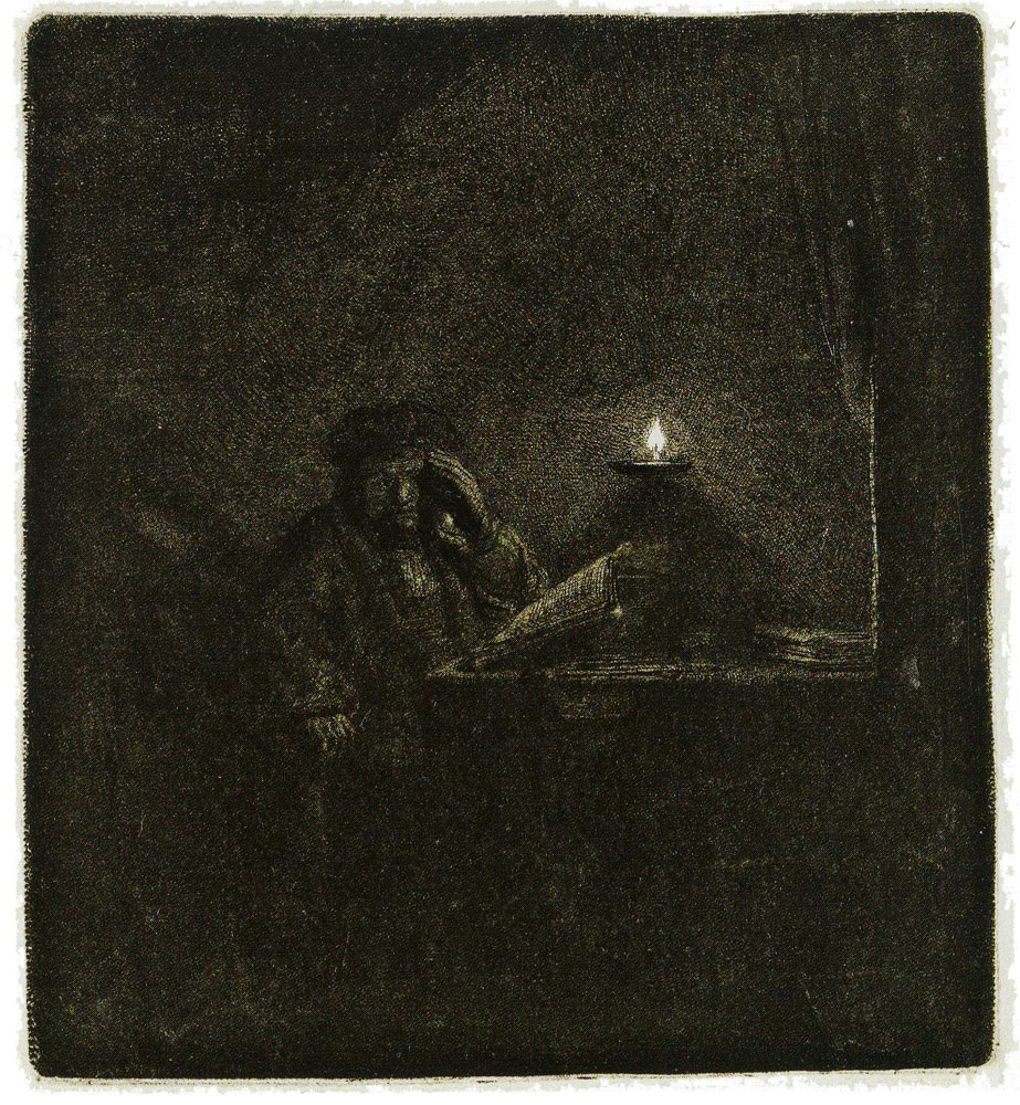 Rembrandt - Student at a Table by Candlelight