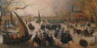 David Vinckboons Landscape with a Frozen Canal, Skaters and an Ice Yacht
