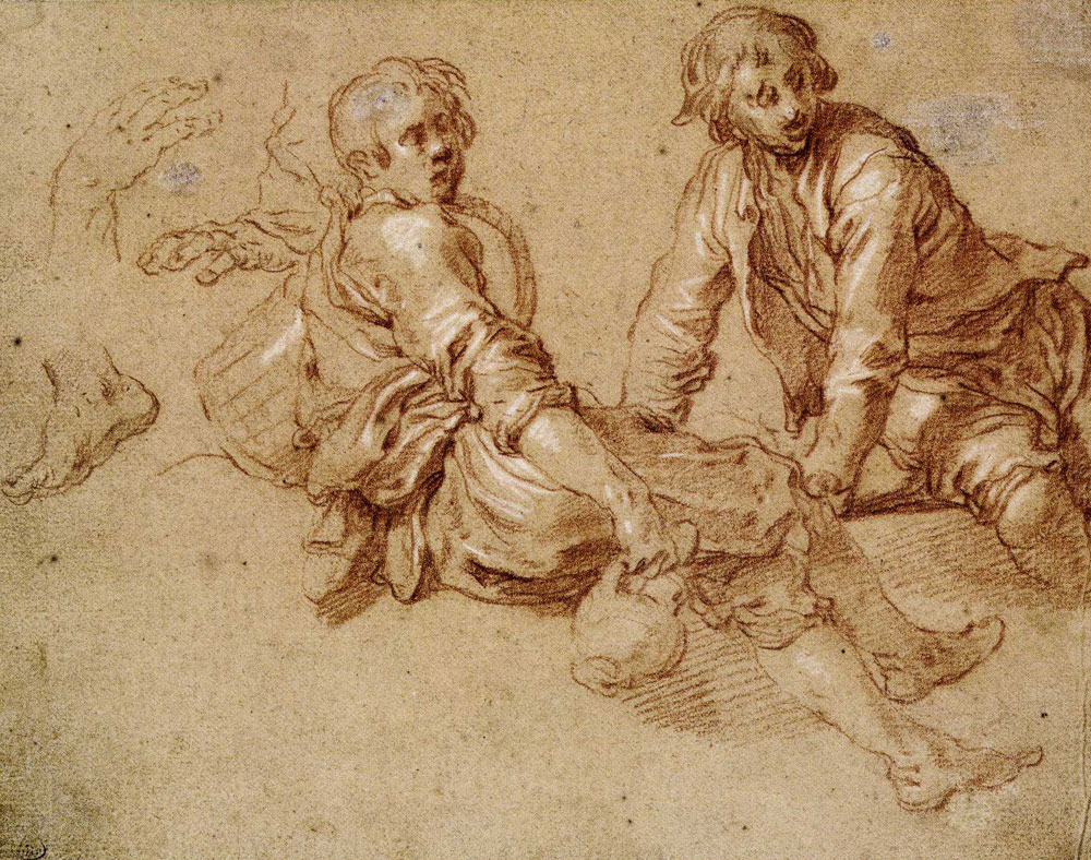 Abraham Bloemaert - Two Seated Boys with Studies for Hands and Feet