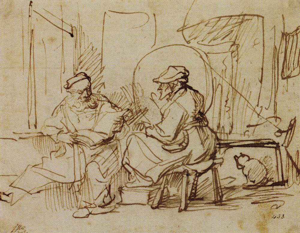 Anonymous pupil aftter an unknown original by Rembrandt - Tobit Reading the Bible to Anna