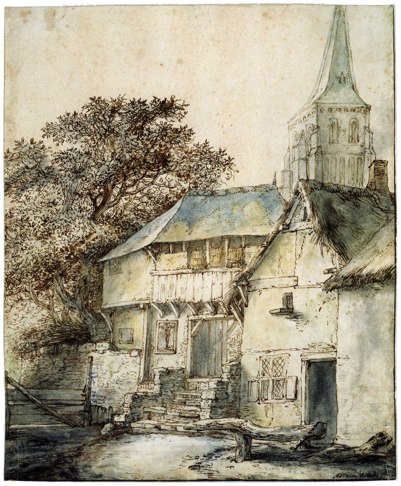 Isaac van Ostade - Group of Houses with a Church Tower in the Background