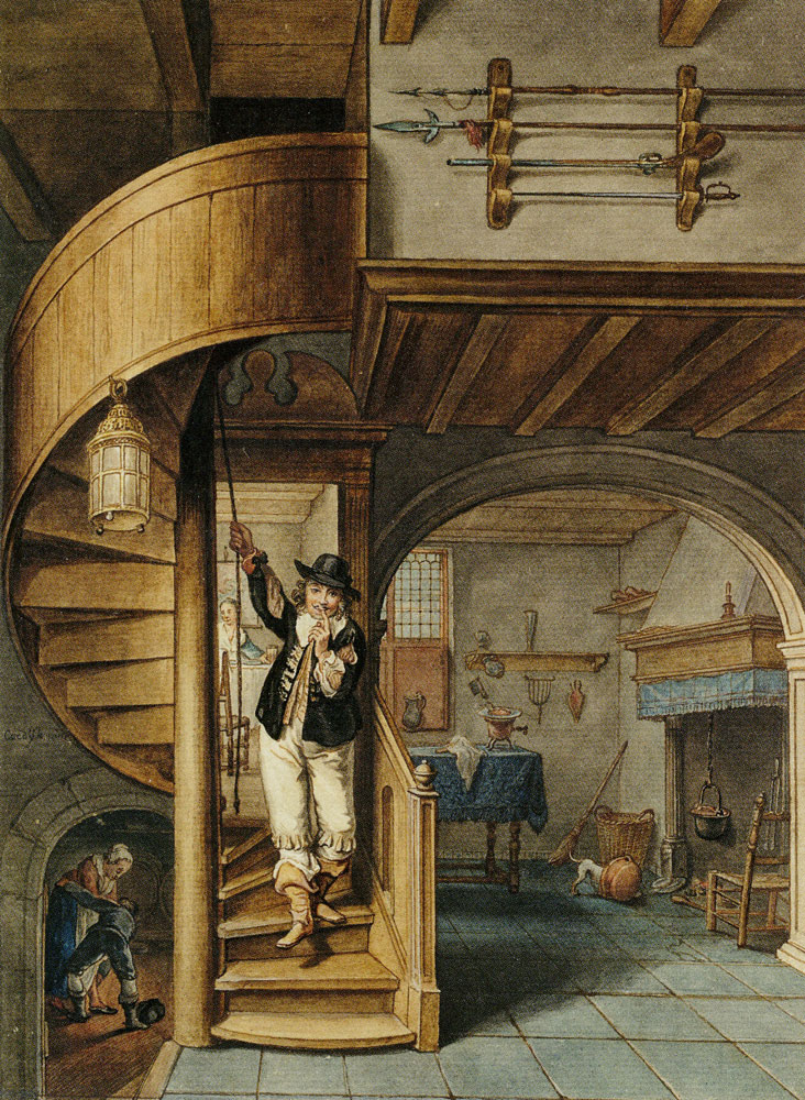 Willem Joseph Laquy after Isaack Koedijck - Interior of a Church with a Man on a Spiral Staircase