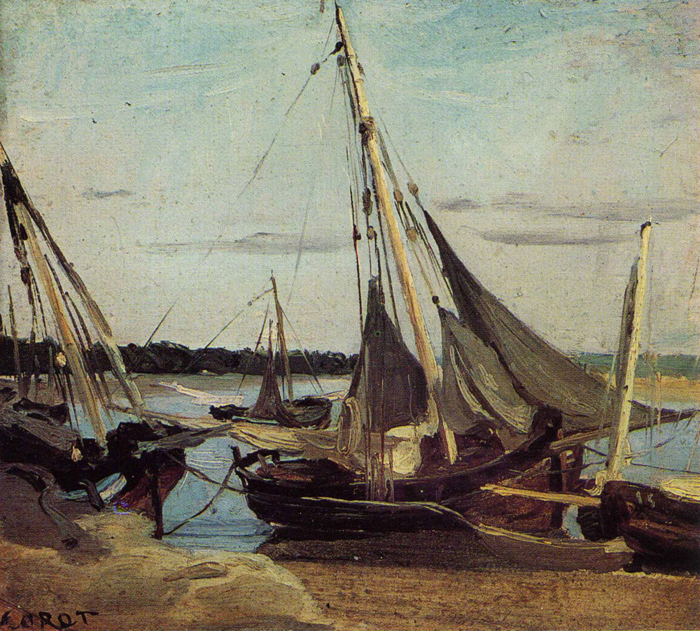 Camille Corot - Trouville; Fishing Boats Stranded in the Channel