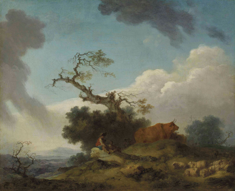 Jean-Honoré Fragonard - A shepherd and herdsman seated on a rock with cows and sheep