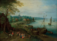 Attributed to Théobald Michau A river landscape with boats and figures on a path