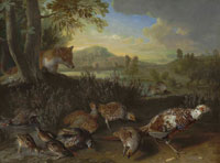 Alexandre-François Desportes English and French partridge, a covey of quail and an ornamental pheasant disturbed by a fox, on a riverbank