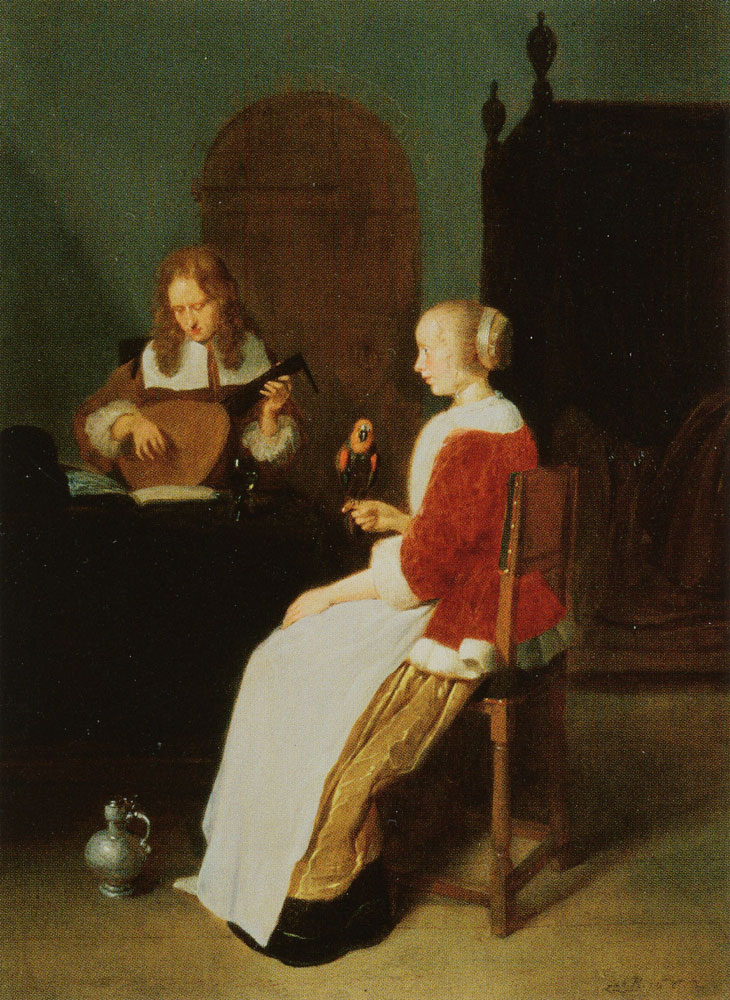Quiringh van Brekelenkam - Woman with a Parrot and Man Playing a Lute
