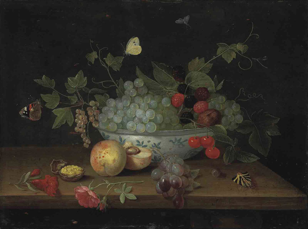 Jan van Kessel the Elder - Grapes, blackberries, cherries, butterflies and a walnut in a porcelain bowl on a wooden ledge