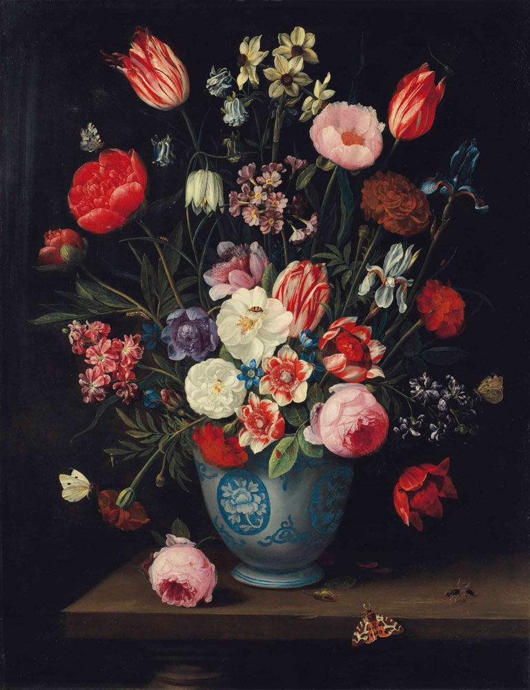 Jan van Kessel the Elder - Roses, tulips, carnations an iris and other flowers in a Chinese transitional blue and white jardiniere