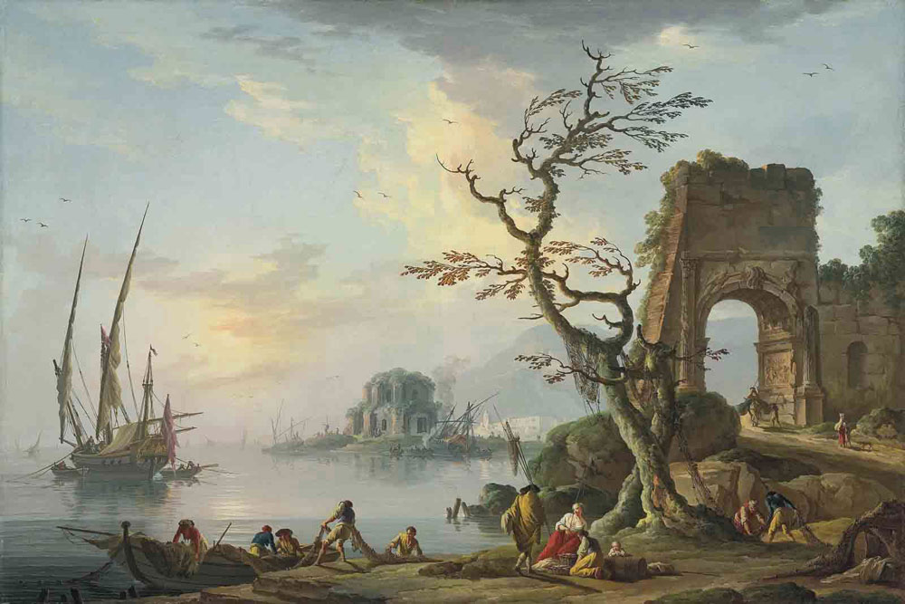 Charles-François Grenier de Lacroix - A coastal landscape with fishermen unloading boats, a capriccio of the Arch of Titus