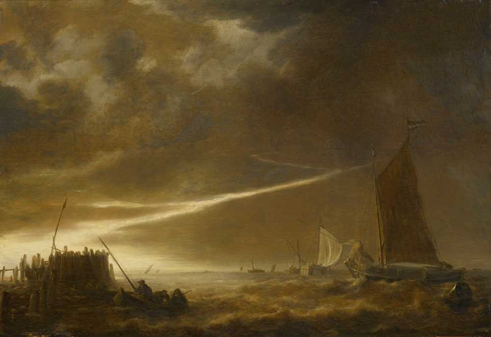 Attributed to Simon de Vlieger - Lightning over Rough Waters with Sailing Vessels