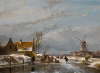 Andreas Schelfhout Winter Landscape with Skaters and a Koek-en-zopie