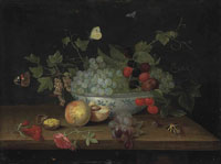 Jan van Kessel the Elder Grapes, blackberries, cherries, butterflies and a walnut in a porcelain bowl on a wooden ledge