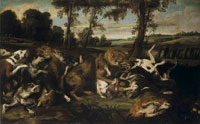 Frans Snyders A wolf hunt with hunters emerging from a forest beyond