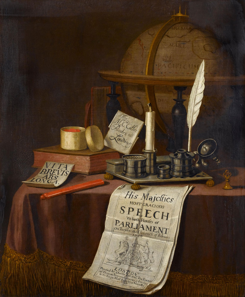 Edward Collier - A vanitas still life with a globe, an ink well, candle, seals, a book and a pamphlet on a draped table