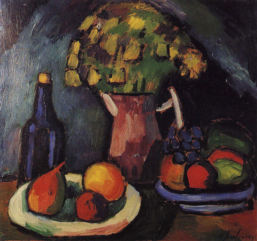 Alexej von Jawlensky - Still-life with bouquet, fruit-bowls and bottle