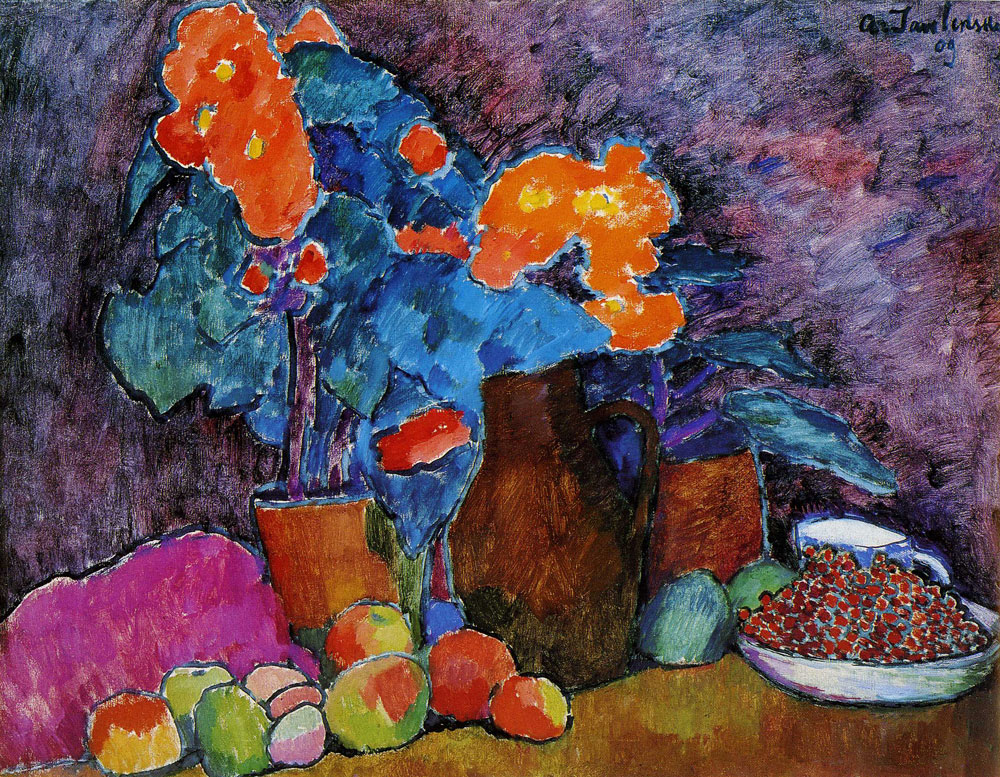 Alexej von Jawlensky - Still-life with flowers, fruit and bottle