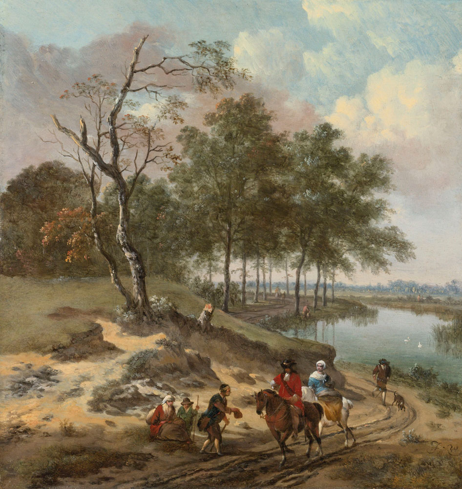 Jan Wijnants and Johannes Lingelbach - River Landscape with Elegant Travellers