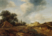 Jacob van Ruisdael Dune Landscape with a Road, Cottages and View of a Church Tower