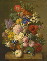 Jan Frans van Dael - A Crown Imperial, roses, hyacinths, an iris and other flowers in a terracotta vase with a bird's nest on a plinth
