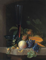 Jacob van Walscappelle Grapes, chestnuts and a cantaloupe with a roemer and a façon de Venise wine glass on a stone ledge