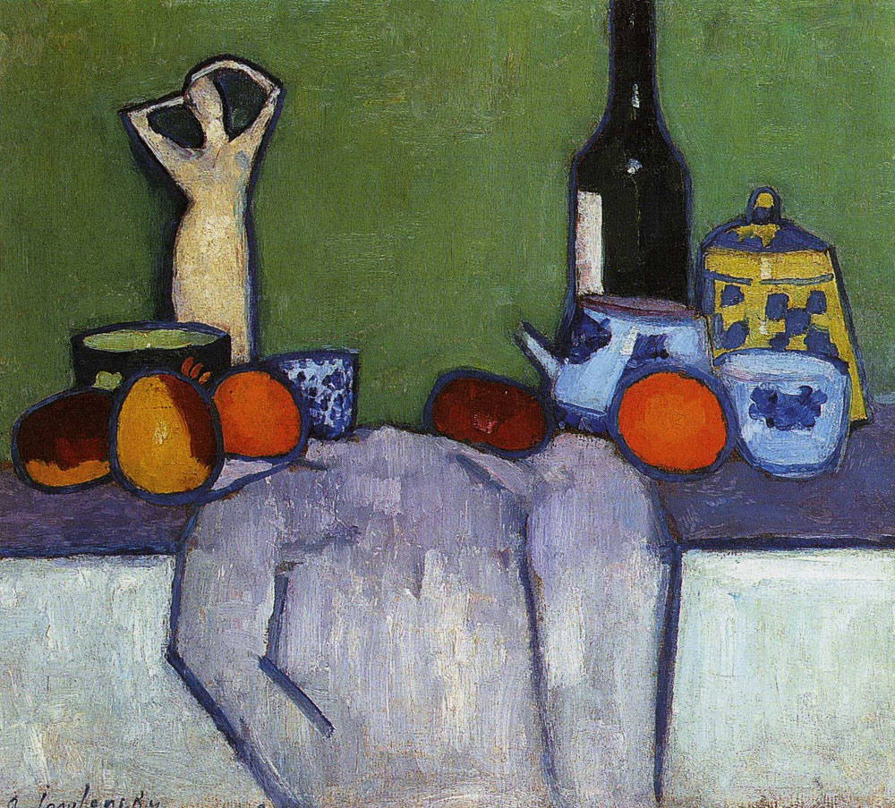 Alexej von Jawlensky - Still-life with fruit, figure and bottle