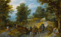 Jan Brueghel the Elder Woodland Road with Wagon and Travellers