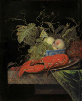 Ottomar Elliger the Elder A lobster on a pewter platter with grapes and peaches