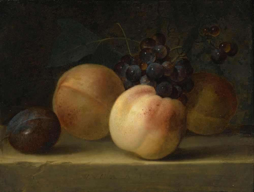Willem van Aelst - Peaches, a Plum, and Grapes on a Ledge
