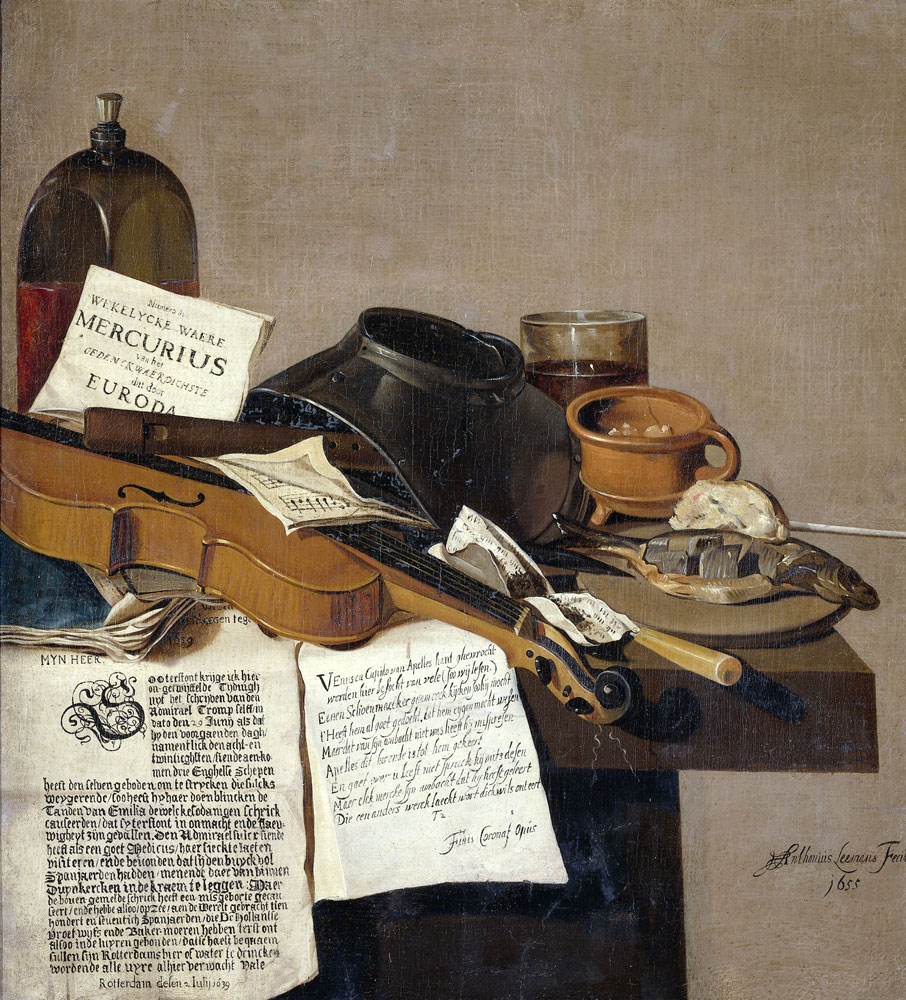 Anthonius Leemans - Still Life with a Copy of De Waere Mercurius, a Broadsheet with the News of Tromp's Victory over three English Ships on 28 June 1639, and a Poem telling the story of Apelles and the Cobbler