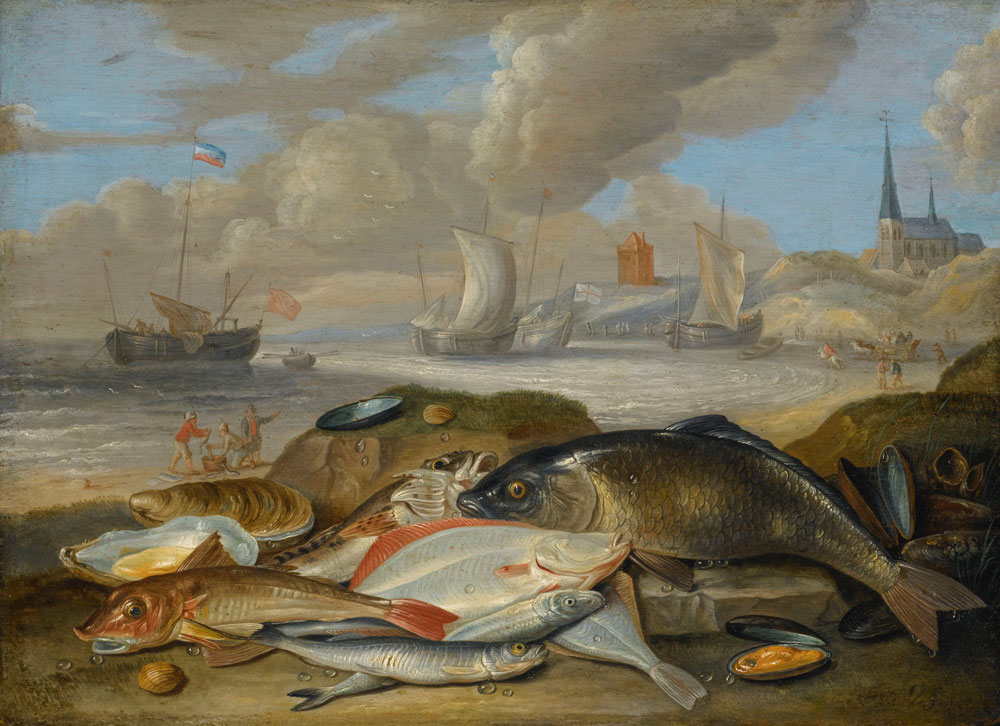 Jan van Kessel the Elder - Still Life of Fish in a Harbour Landscape