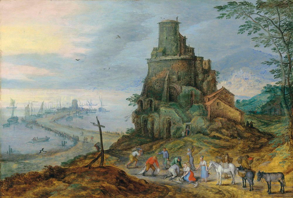 Joos de Momper II and attributed to Jan Brueghel the Elder - A coastal landscape with fishermen by the Tomb of Scipio
