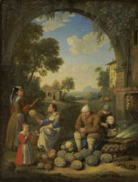 Hendrik Frans van Lint A lady with children visiting a village vegetable stand