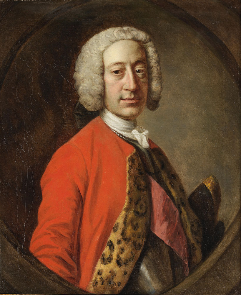 Circle of Allan Ramsay - Portrait of an army officer, half-length, in a red coat, within a painted oval