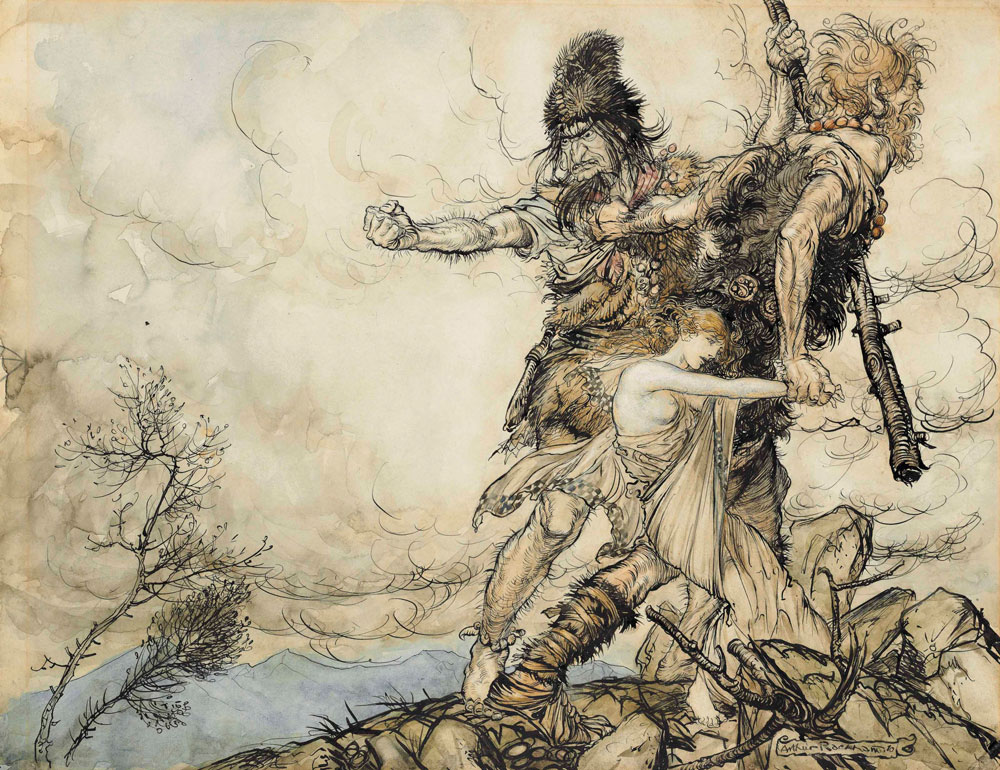 Arthur Rackham - The giants Fasolt and Fafner abducting Freia, Goddess of Love (from 'Das Rheingold' by Wagner, Scene II)