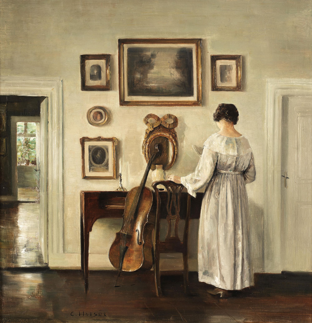 Carl Vilhelm Holsøe - Interior with cello and woman reading