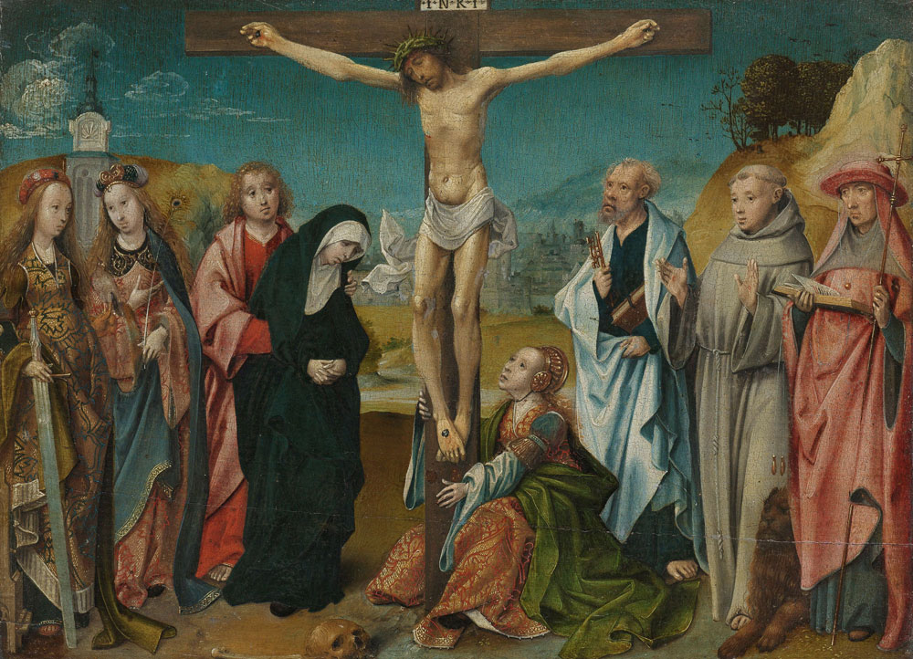 Cornelis Engebrechtsz. - Christ on the Cross, with Mary, John, Mary Magdalene and Sts Cecilia and Barbara (left) and Peter, Francis and Jerome (right)