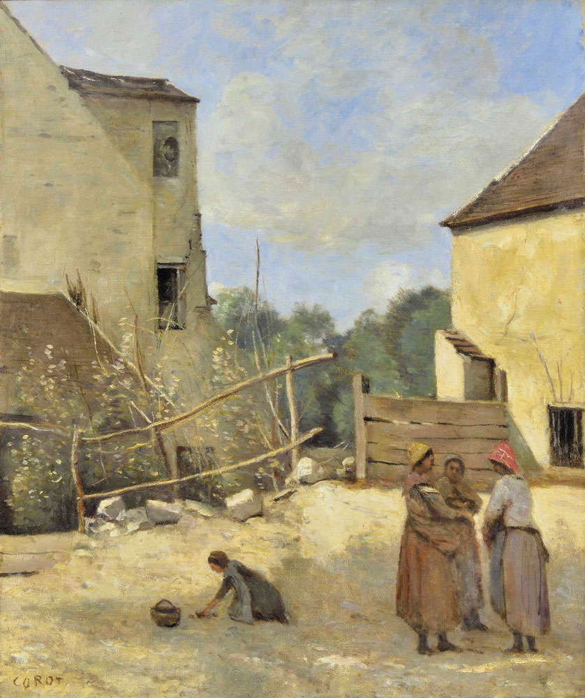 Jean-Baptiste-Camille Corot - Trois paysannes causant dans une cour rustique