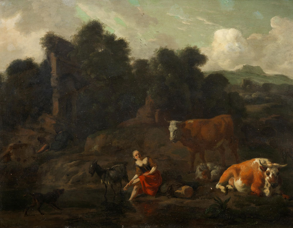 Dirk van Bergen - A shepherdess resting by a river with her flock