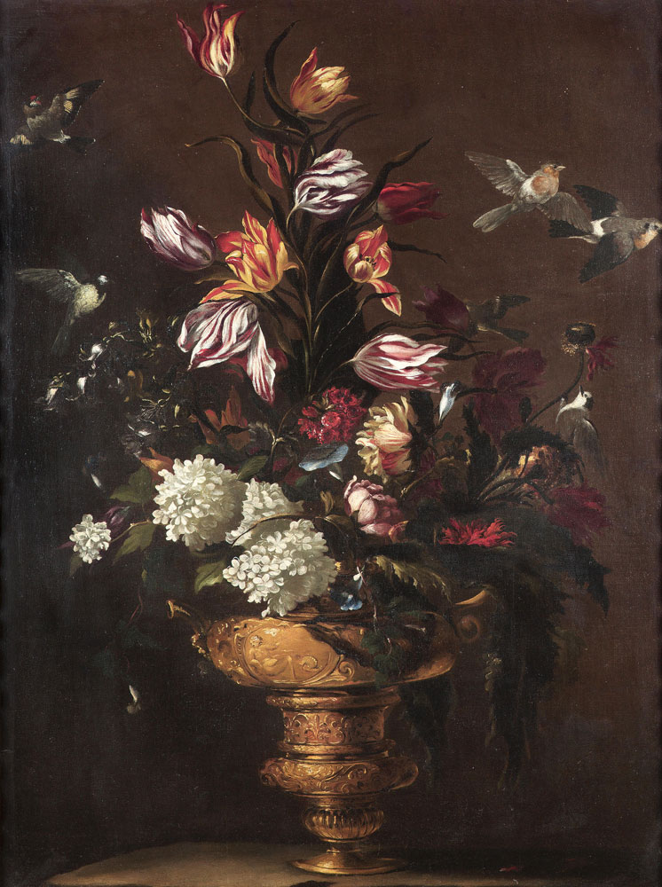 Giuseppe Recco - Tulips, hydrangeas, a peony, a poppy and other flowers in a moulded bronze urn on a stone ledge