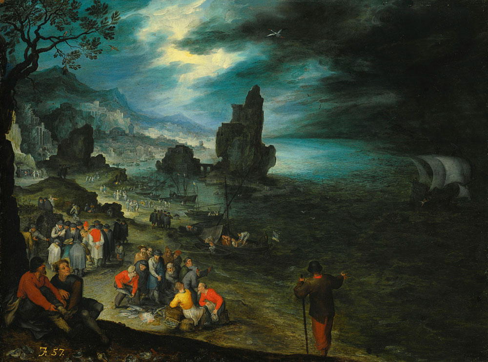 Jan Brueghel the Elder - An Extensive Coastal Landscape with Jonah Being Cast Overboard Offshore