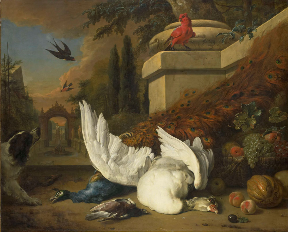 Jan Weenix - A Dog with a dead Goose and Peacock (A Study of Game and Fruit)