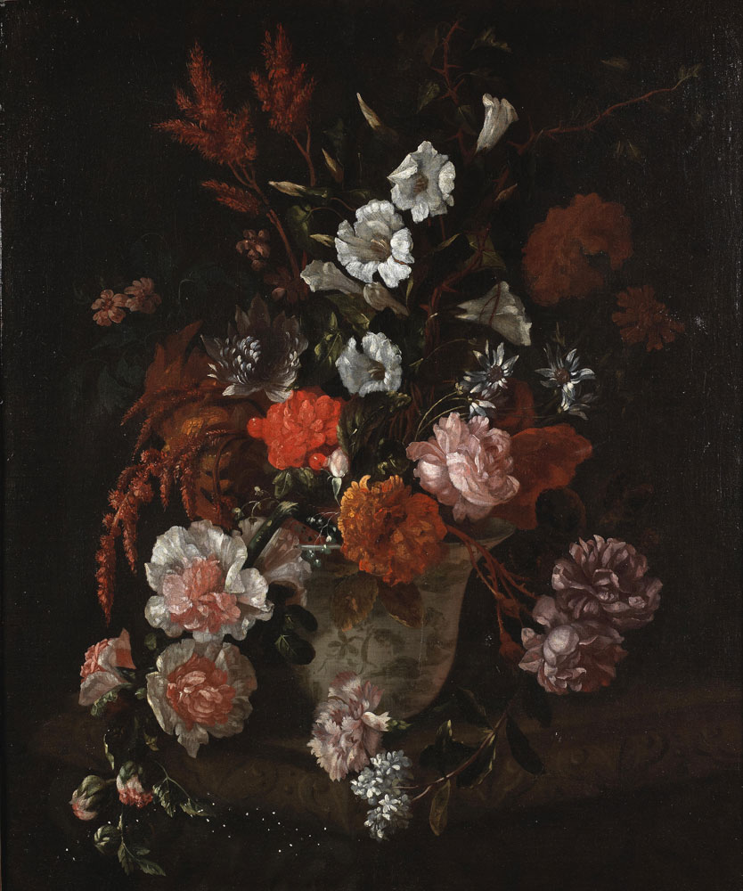 Jean-Baptiste Monnoyer - Roses, convolvulus, carnations and other flowers in a vase on a stone ledge