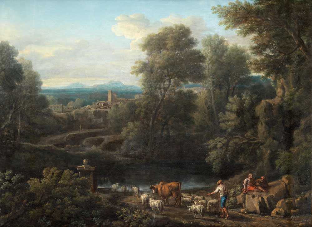John Wootton - A drover and other figures by a stream in a classical landscape