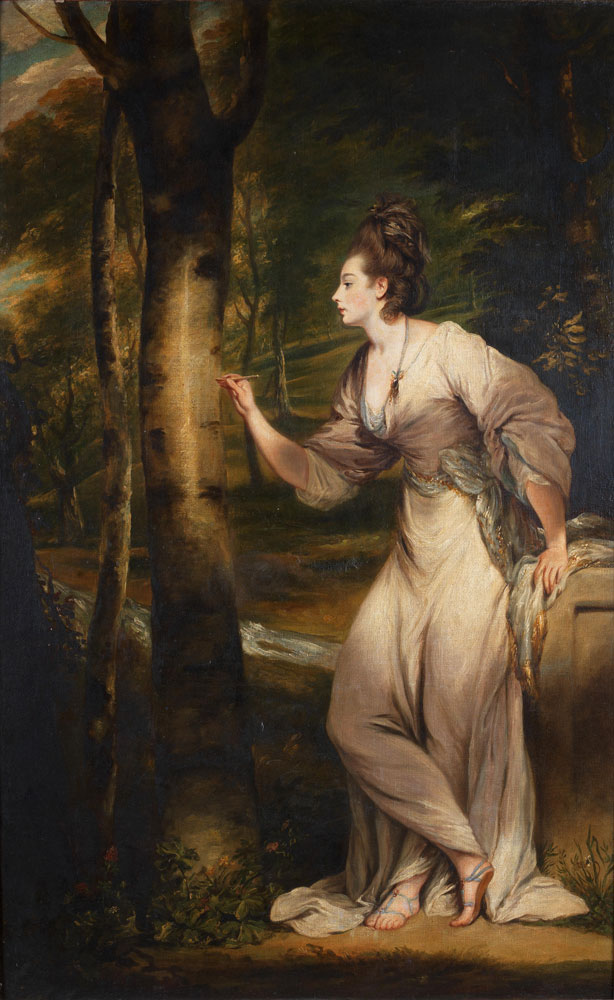 After Joshua Reynolds - Portrait of Mrs Richard Bennett Lloyd, full-length, in a cream dress, inscribing a tree