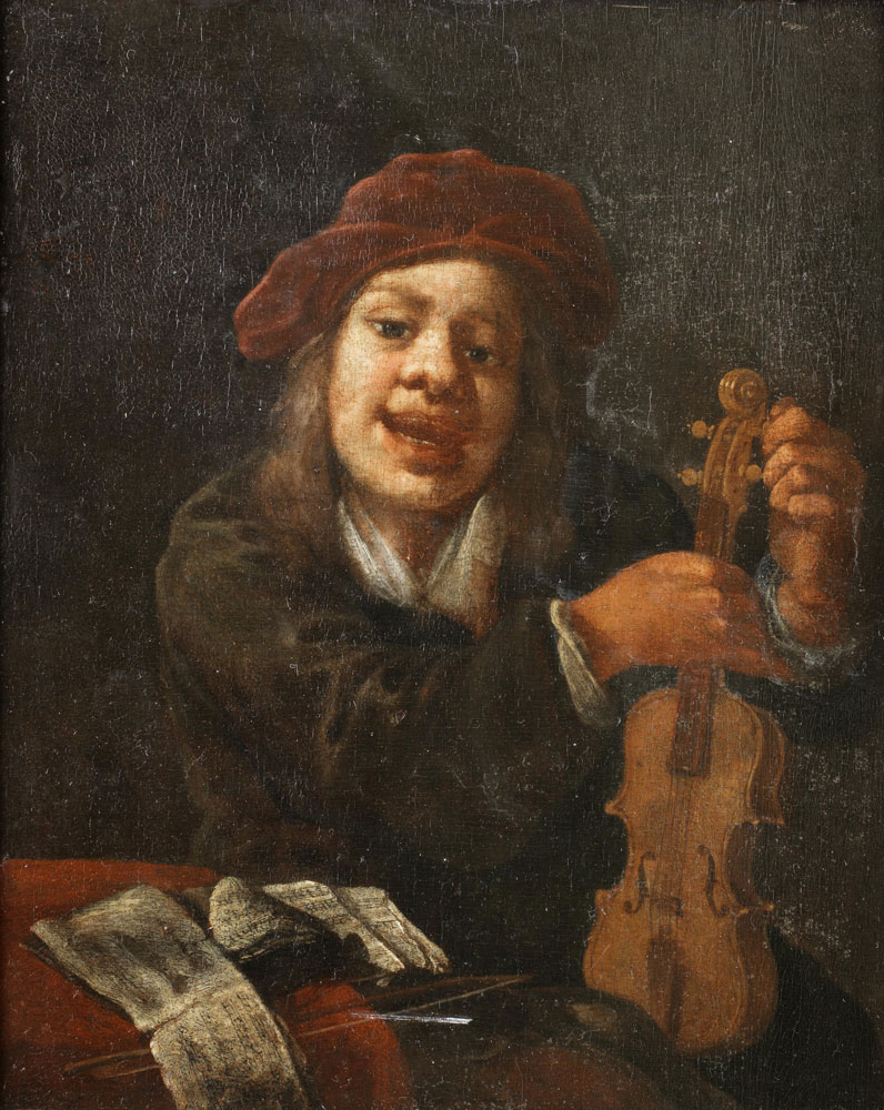Circle of Lambert Doomer - Portrait of a young boy tuning a violin