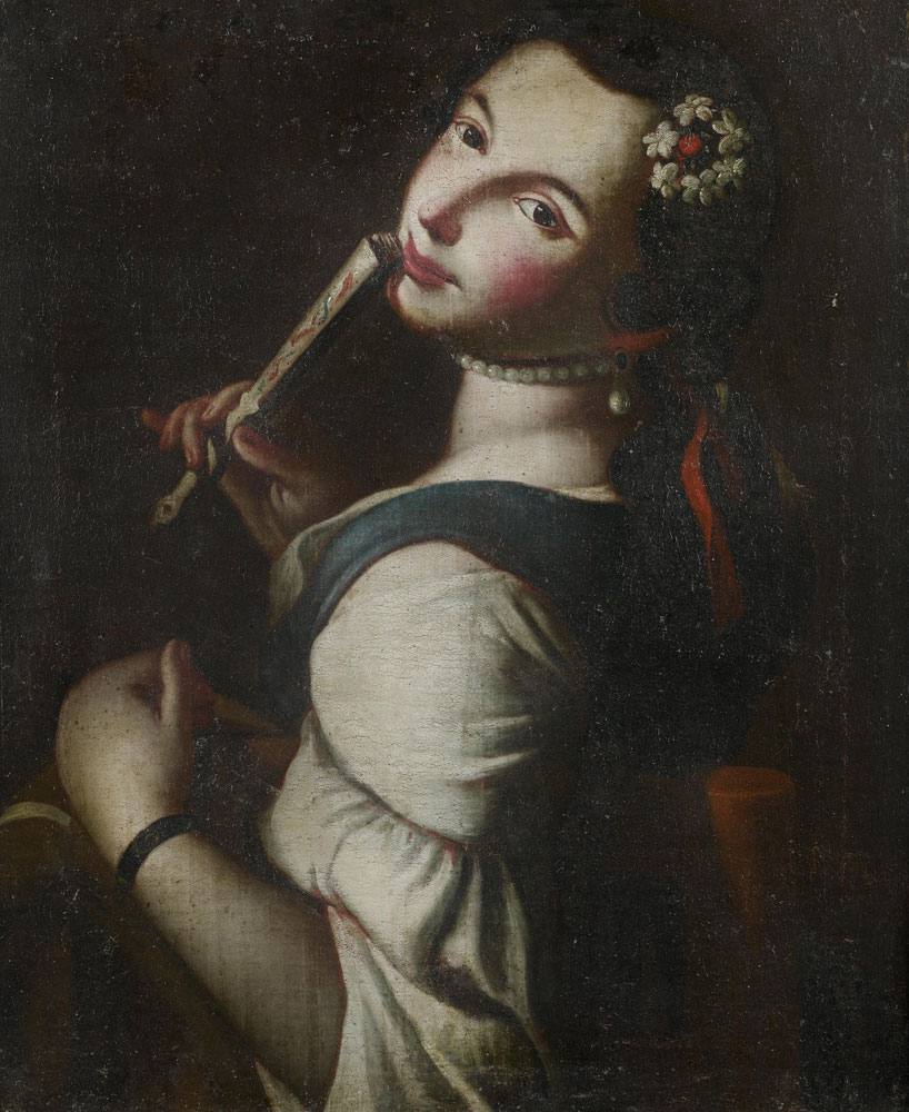Follower of Pietro Antonio Rotari - A young lady wearing a pearl earring and holding a fan