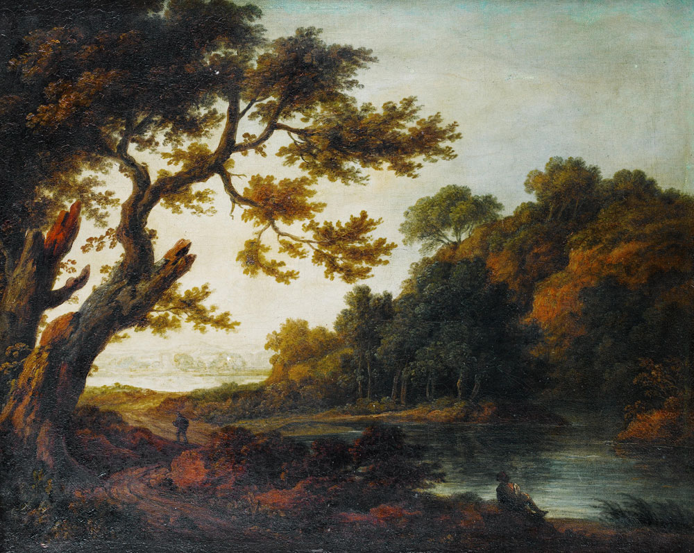 Follower of Thomas Gainsborough - A traveller and a figure resting on a shore in a wooden landscape
