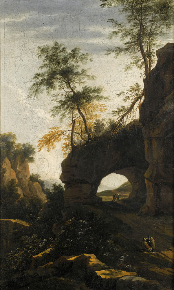 Willem von Bemmel - An Italianate landscape with figures resting before an arch