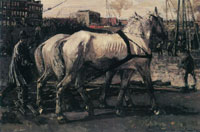 George Hendrik Breitner Two White Horses Pulling Posts in Amsterdam